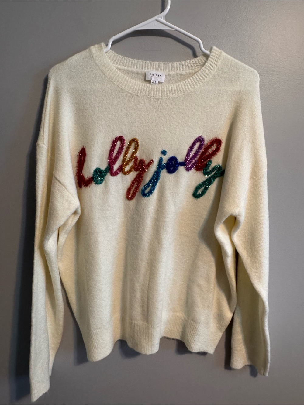 Le Lis Collection XS Holly Jolly Tinsel Christmas Sweater Cream Holiday